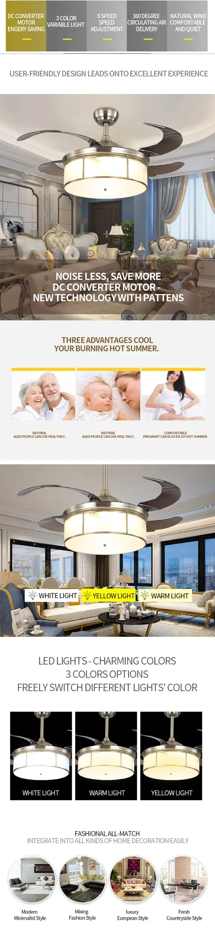 Best selling factory price high quality hidden blades ceiling fan with led light