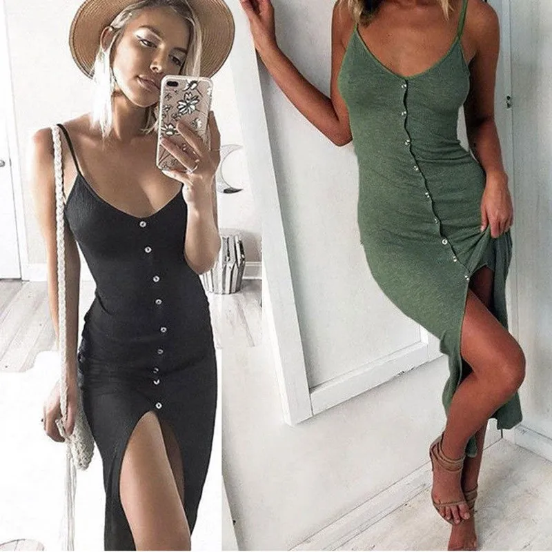 

2019 Newly Summer Sexy Fashion Dress Women Ladies Sleeveless V-Neck Skinny Solid Button High Waist Ankle-Length Dress
