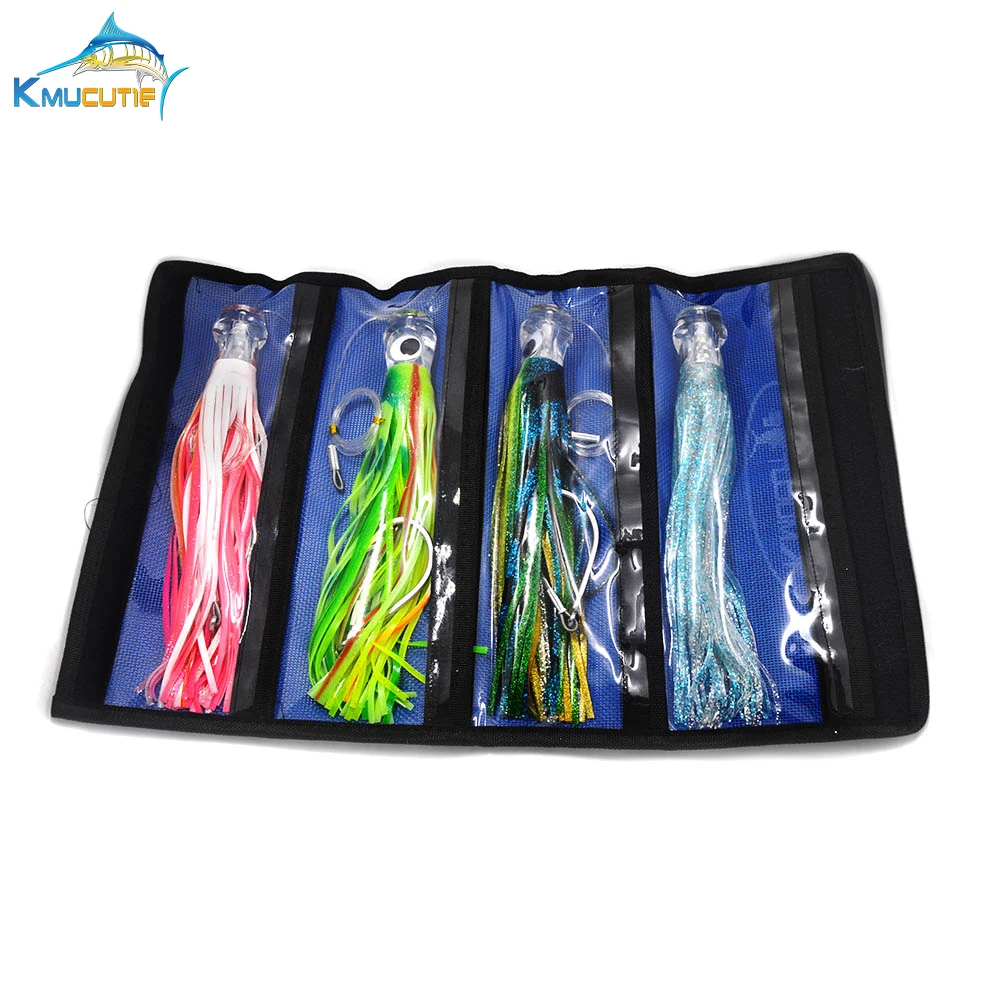 

Set of 4 pusher style 11 inch Acrylic Head Skirt marlin tuna Trolling lures stainless steel hook portable Washable lures bag