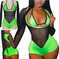 

2019 Newest Design S M L XL Long Sleeve Black Net Brazilian One-Piece Bikini Fluorescent Green Sexy Swimsuit