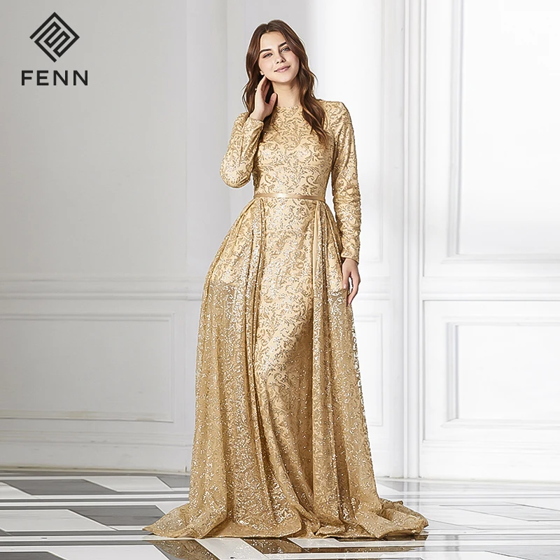 gold evening gown with sleeves