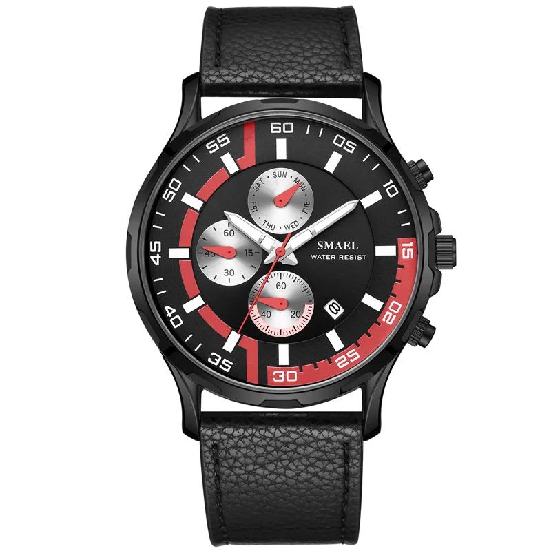 

new design Smael 9601 30m waterproof alloy case leather strap quartz men wristwatch