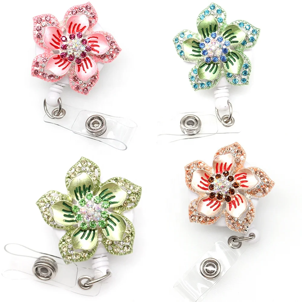 

New lot Exquisite Craftsmanship Rhinestone Retractable Hawaiian Flower Badge Reel Name Card ID Badge Holder for Women, Red