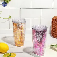 

Wholesale food grade promotional FDA reusable drinking cup straw insulated double wall plastic cup glitter tumbler with straw