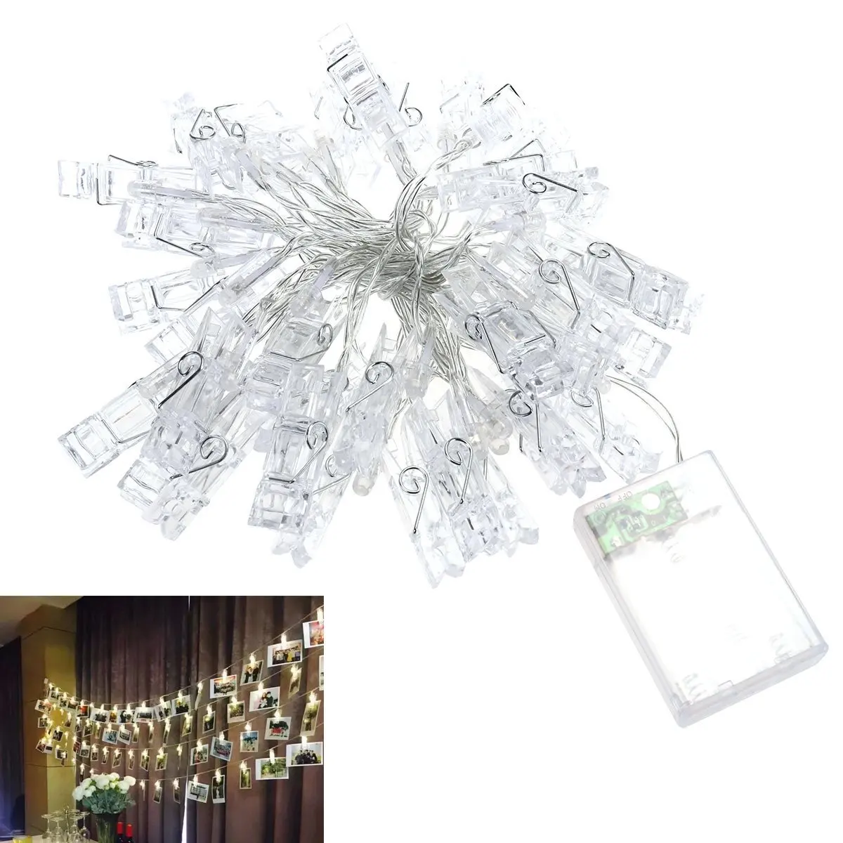 LEDMOMO 4.2M Clip String Lights Battery Operated Decorative 40 LED Light Ropes and Strings for Hanging Pictures Cards (Warm Light)