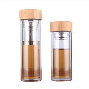 Private Label bamboo lid double wall Borosilicate glass water bottle with tea infuser