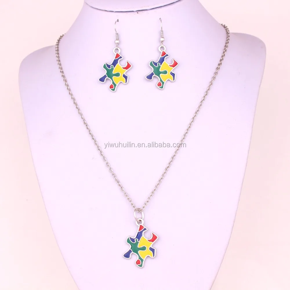 

New arrival Autism Necklace Earring Set Puzzle Piece Jigsaw enamel Autism Awareness Jewelry Sets, Picture