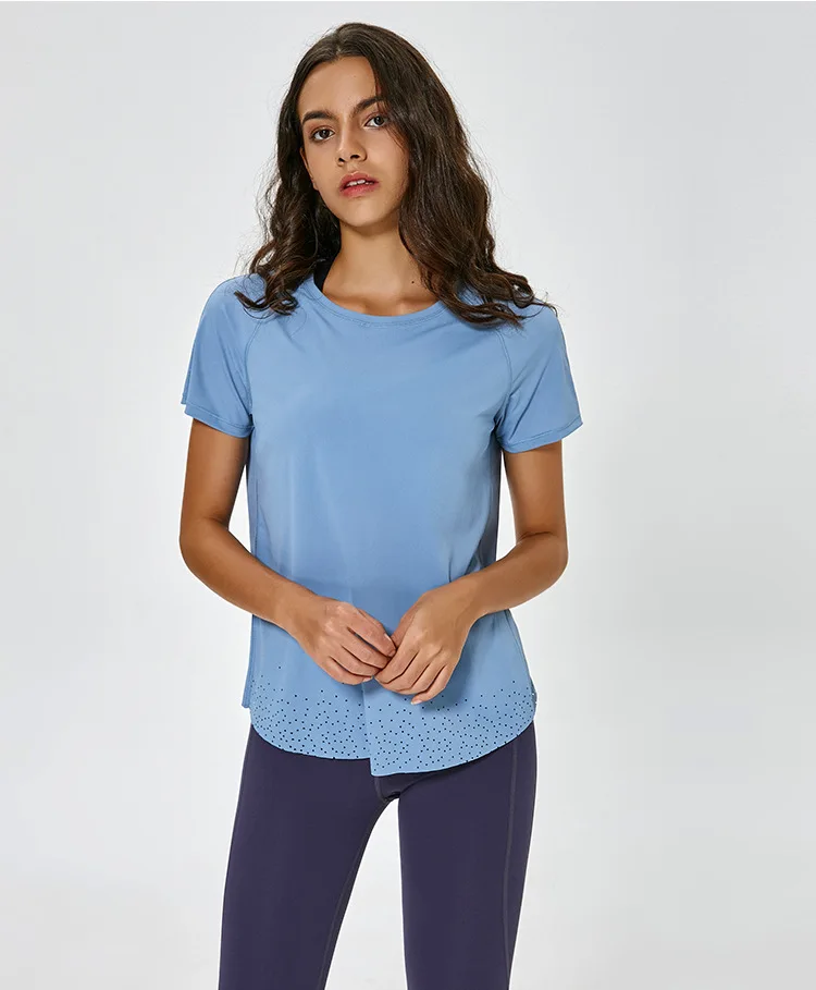 

Custom logo yoga wear fashion laser cut women gym t-shirt yoga top