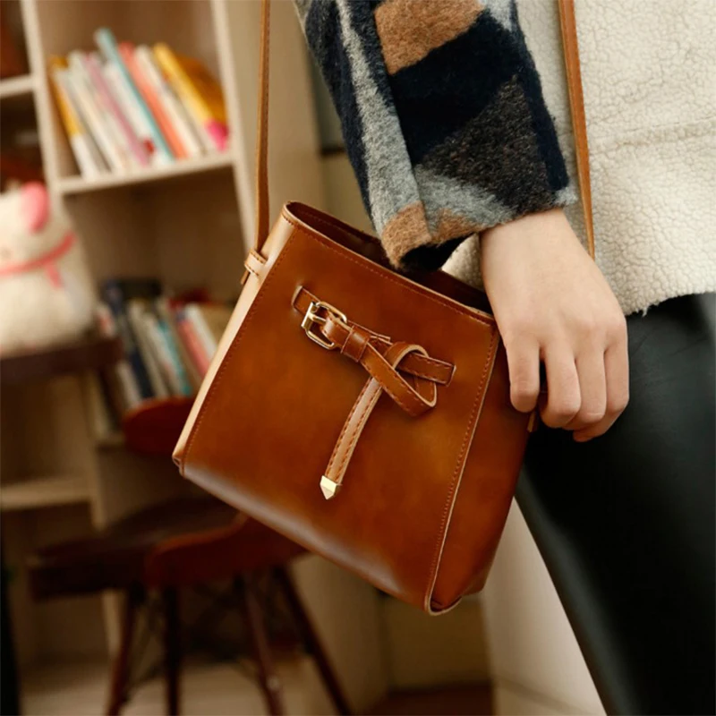 

New Fashion Lady Vintage Leather Bucket Bowknot Shoulder Bag, #1,#2,#3,#4