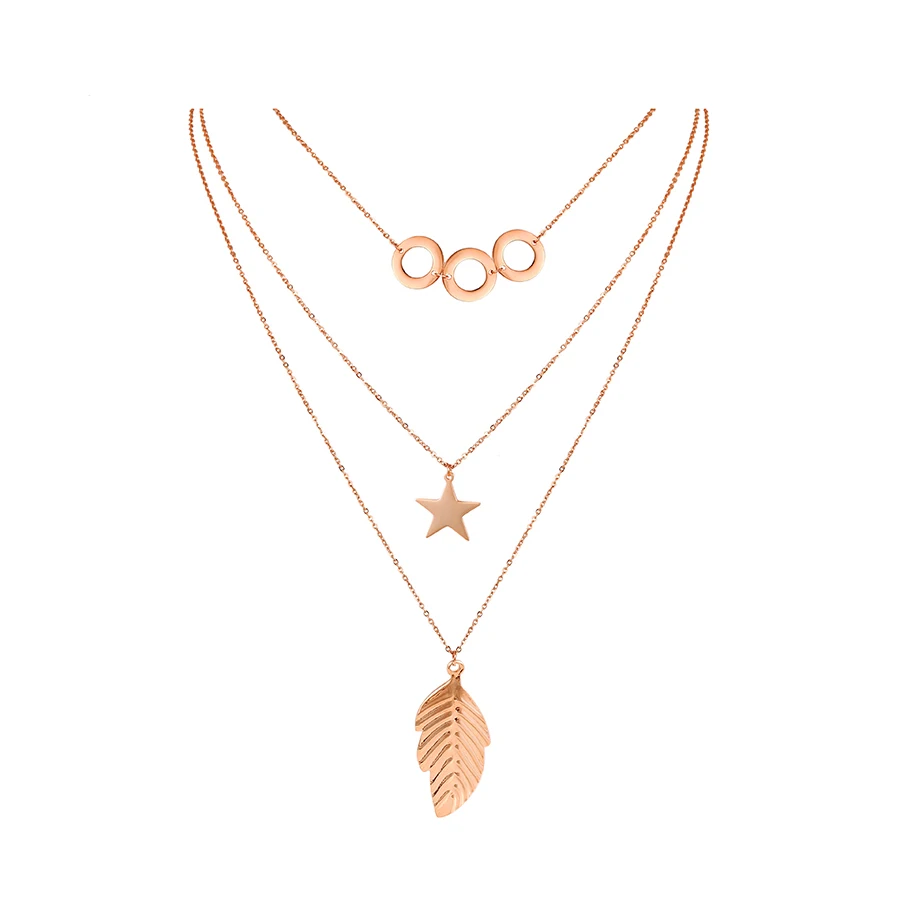 necklace-00945 stainless steel multi-layer rose gold plated charm leaf pendant steel necklace