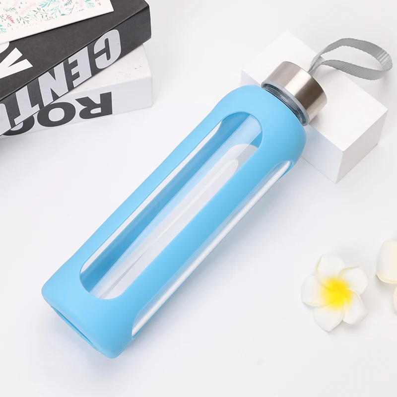 

550ml Glass Water Bottle/Sports Travel Bottles /Stainless Steel lid with Protective Silicone Sleeve (Blue,Orange,Rose,Grey)