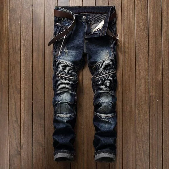 

Designer Denim Trousers For Male Pleated Biker Jeans Pants Men's Slim Fit Straight Washed Multi Zipper pants