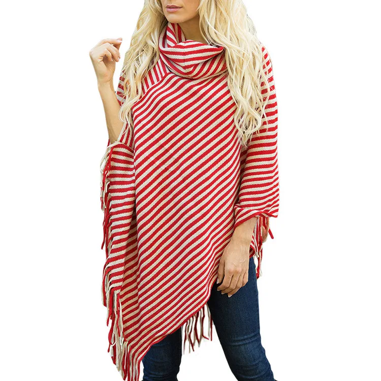 

cheap factory wholesale women seven color striped high collar fringed wool poncho shawl sweater mujer