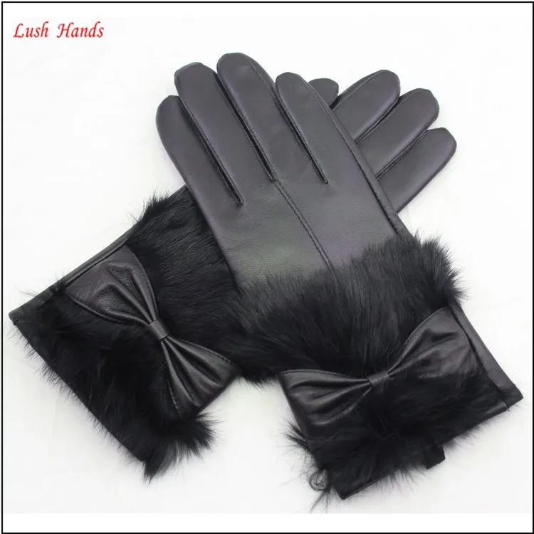 fashion ladies genuine sheepskin leather gloves with real fur leather gloves