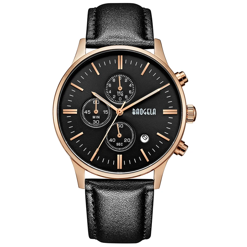 

Baogela New Top Luxury Watch Brand Men's Watches Black Leather Band Quartz Wristwatch Fashion Casual Watches Relogio Masculino
