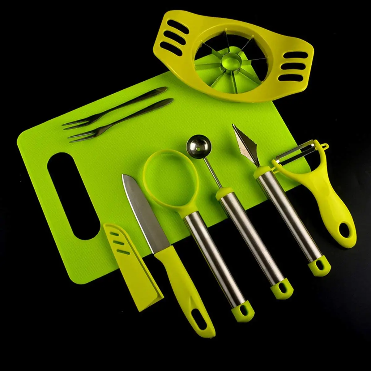 Stainless Steel & Food Grade Silicone Fruit Tools Set, Dual-Purpose Melon Baller Scoop and Fruit Carving Knife,Swivel Fruit and Vegetable Peeler