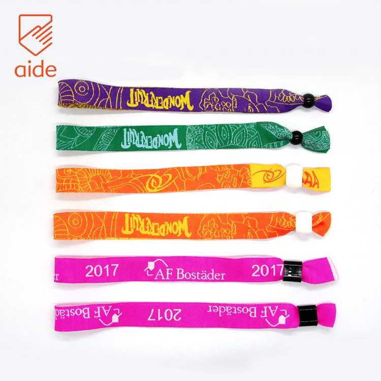 

Custom Plain Embroidered Textile Woven Festival Cloth Fabric Friendship Bracelets With Logo Plastic Lock, Pantone colors