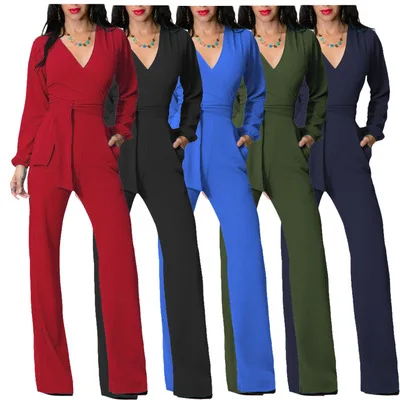 

Dropshipping Women Long Sleeve Jumpsuit Playsuit Casual Clothes Deep V-Neck Long Pants