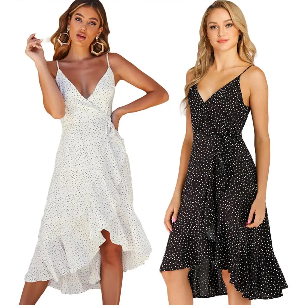 

Summer Women's Casual Dot V-neck Sling Irregular Hem Dress