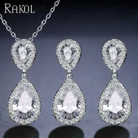 

RAKOL Crystal CZ Jewelry Water Shape Teardrop Zircon Pendant Earrings Chain Necklace set S263