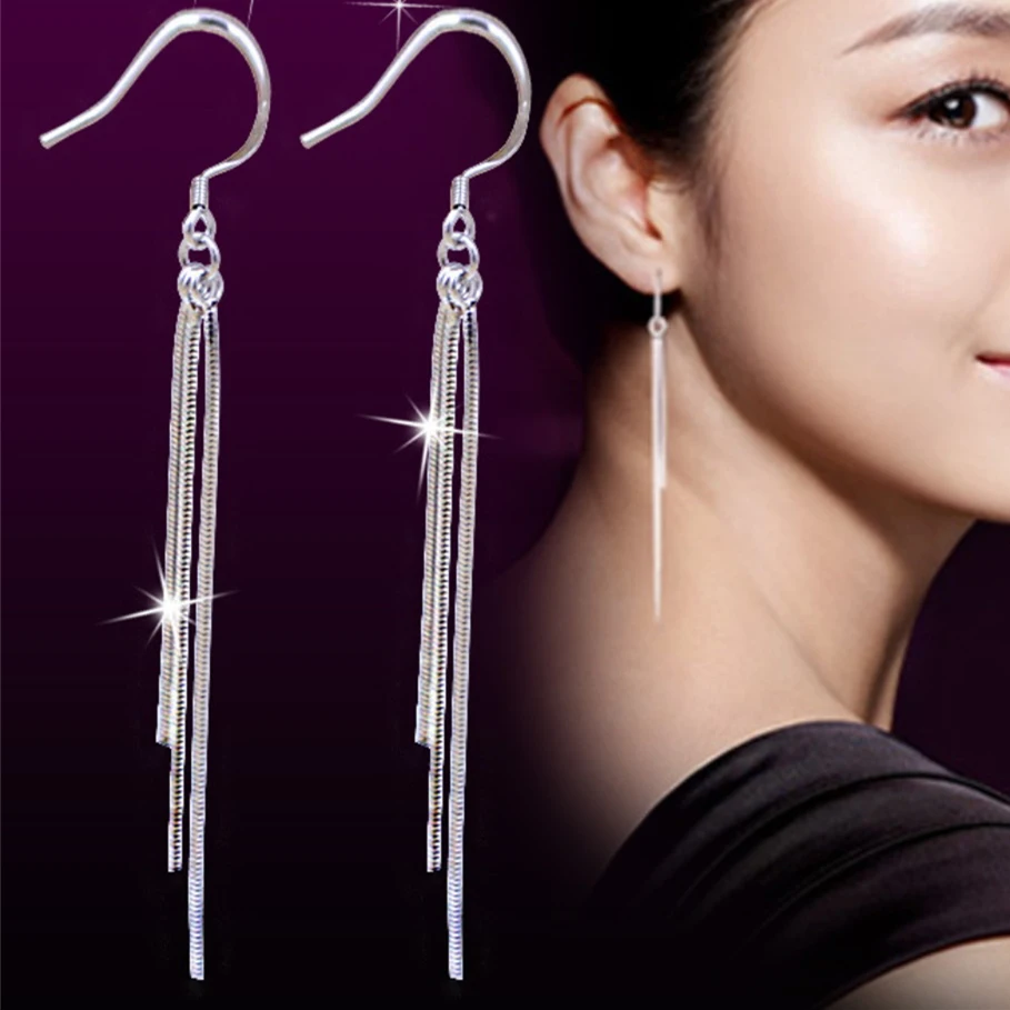 

Three Lines Tassels 925 Sterling Silver Earring Women Long Earrings, As picture