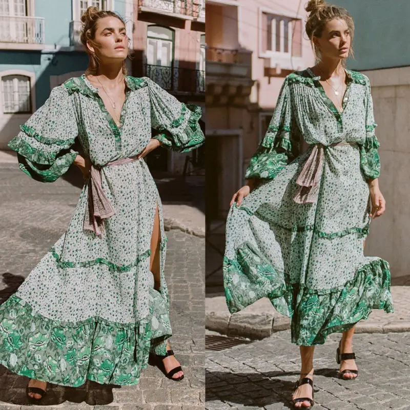 

Womens Summer Boho Floral Long Sleeve Long Maxi Dress Party Beach Sundress