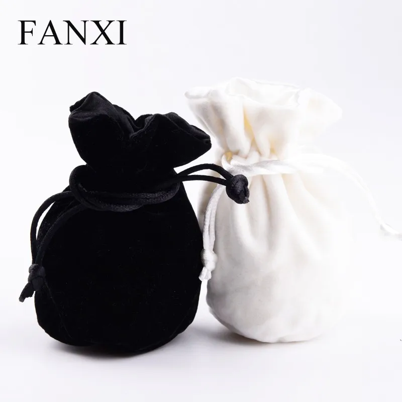 

FANXI China Wholesale Custom logo Promotion Velvet Jewelry Drawstring Pouch Bag Round Bottom Gift Bags, White and black available
