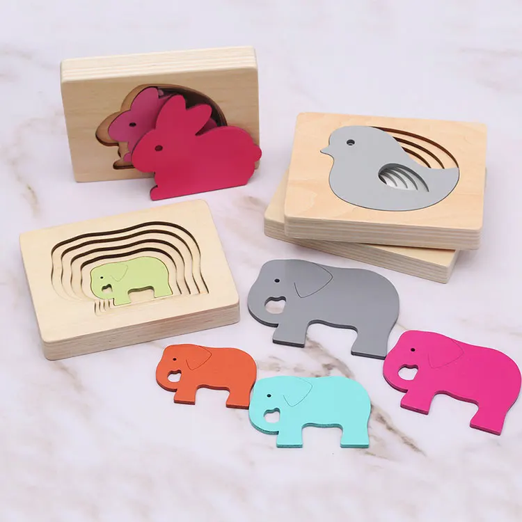 Carton Rabbit/Bird/Elephant/Whale Puzzle Multilayer Jigsaw Baby Child Early Enlightenment Grab Educational wooden puzzle