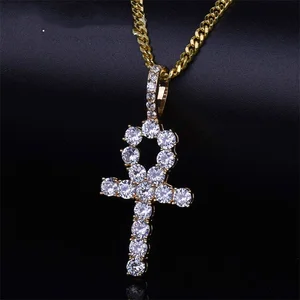 DY HipHop Gold Silver Copper Material CZ Egyptian Key of Life Pendant necklace, Iced Cubic Zirconia Ankh Cross Pendant Necklace