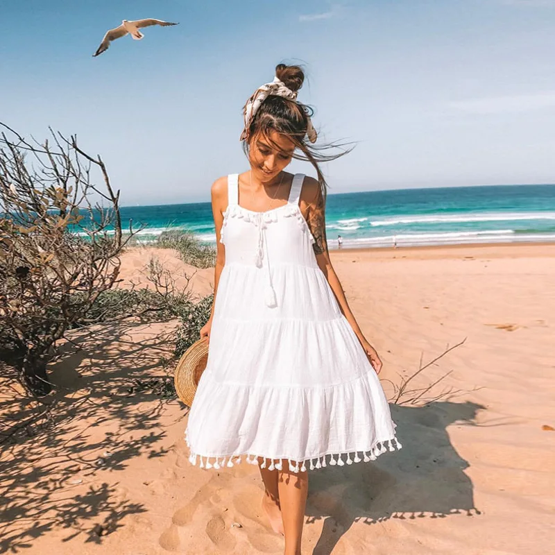 

Manufacture Sleeveless Beach Dress White Tassel Summer Women Dresses