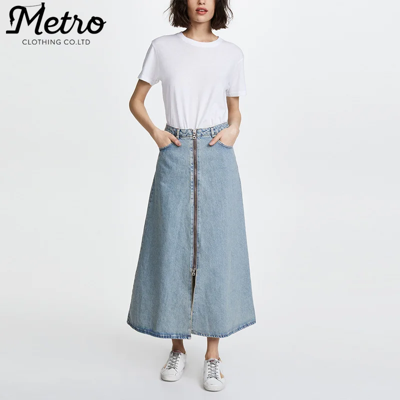wholesale cotton Zipper Front women long denim skirt
