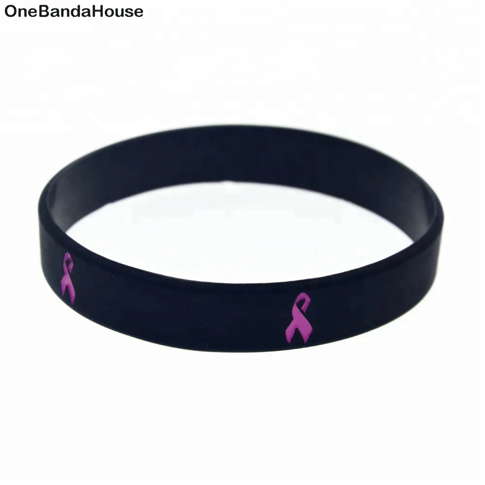 

50PCS 1/2 Inch Wide Black Engraved Pink Cancer Ribbon Silicone Wristband, Black, white, pink