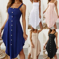 

New Fashion Summer Women Solid Color Button Strap Dress Casual Irregular Hem Beach Dress Midi