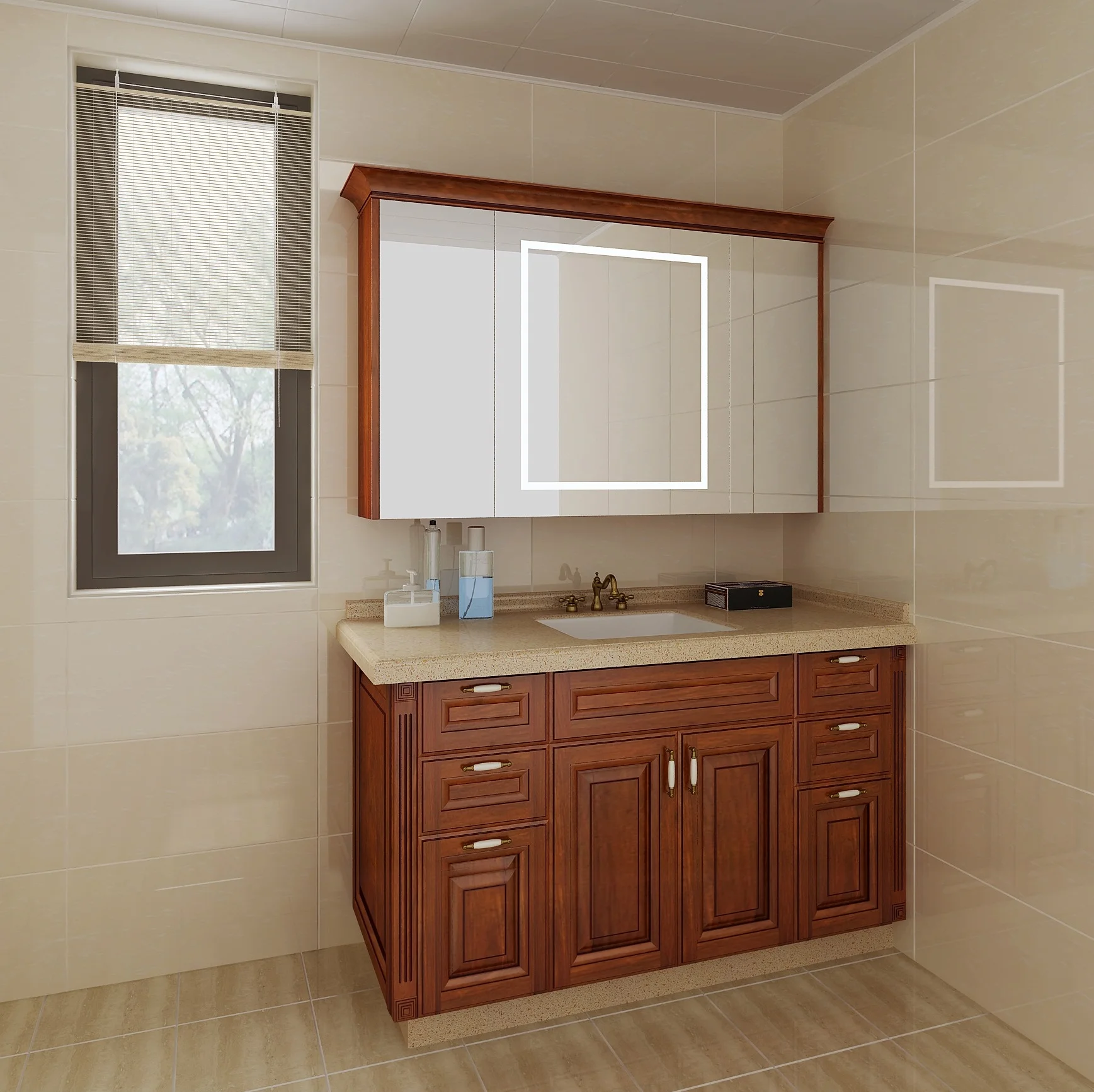 Gabinete De Tocador De Baño Con Espejo De Madera Elegante Personalizado