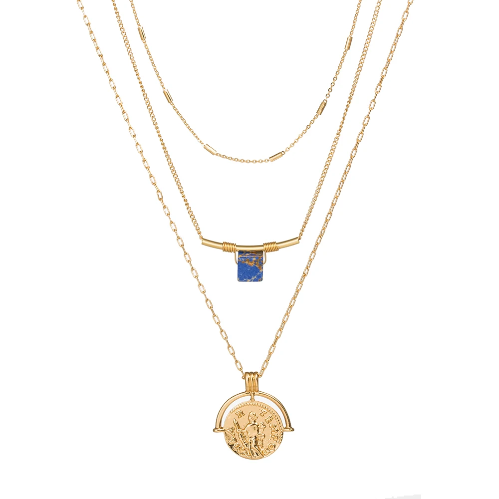 18k gold handmade women multi-layer square blue stone pendant necklace in EU &US