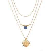 

18k gold handmade women multi-layer square blue stone pendant necklace in EU &US