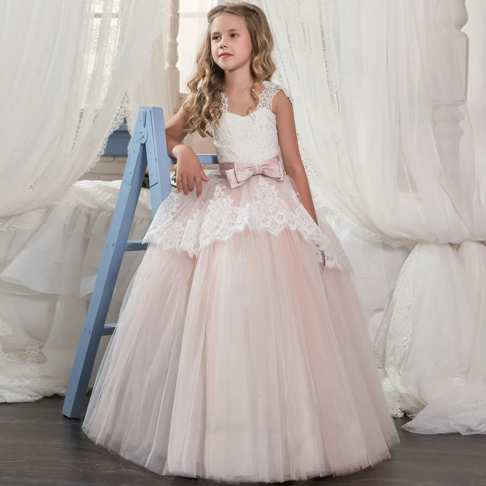 

Lovely Flower Girl Dresses Tulle Beading Appliqued Pageant Dresses For Girls First Communion Kids Prom frock, Pink or sky blue
