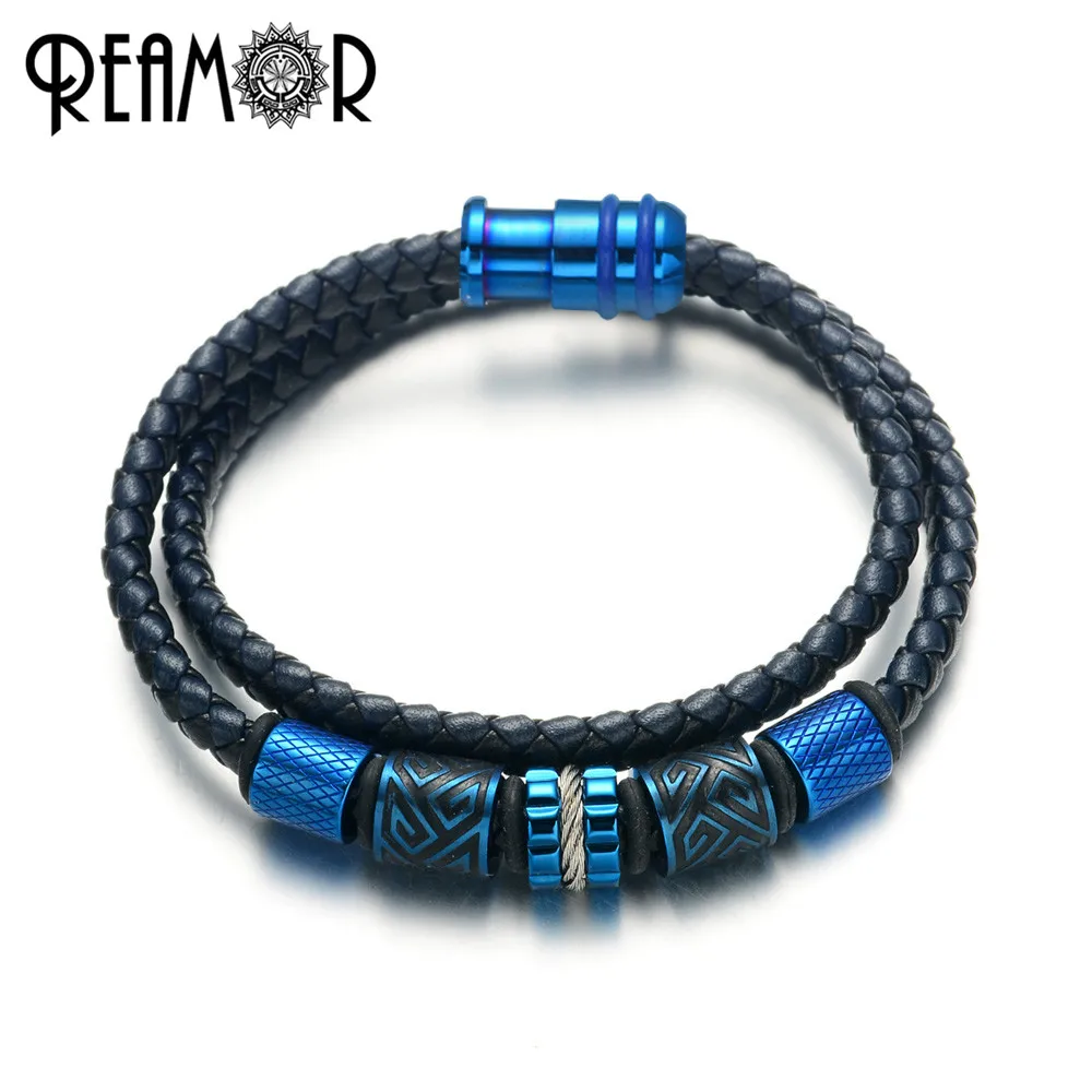 

REAMOR 316L Stainless Steel Custom Double Layers Genuine Leather Magnetic Clasp CNC Beads DIY Bracelet Luxury Jewelry for Men