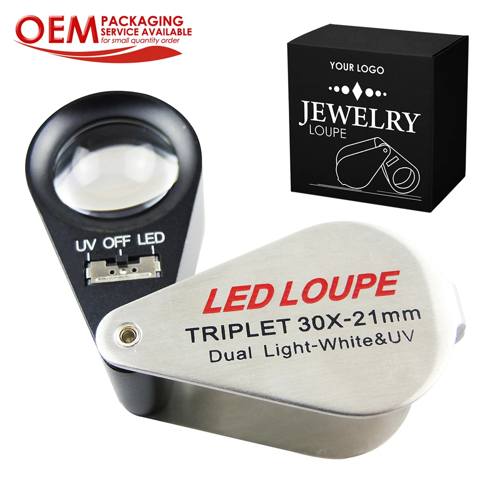 

30X Jeweler Loupe Magnifier + LED & UV light 21mm lens Jewel Identifier Tool(OEM packaging available)