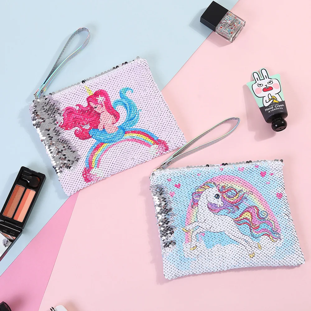 

2019 New Style Zipper Mermaid Cartoon Custom Reversible Makeup Bags Unicorn Pouch Cosmetic Bag Pouch For Girls, 7 designs, as pictures.