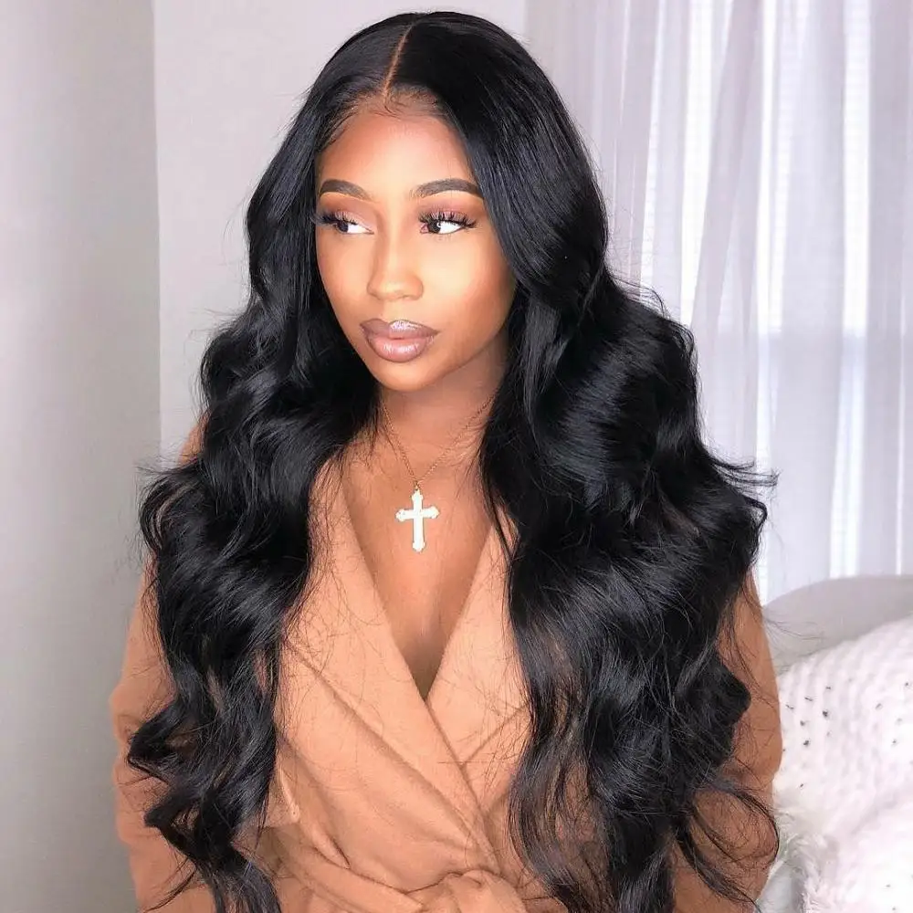 

Raw Cambodian Hair Bleached Knots Pre Plucked Hairline Elastic Band Frontal Wig Deep Middle Part Lace Body Wave 13"x6" Remy Hair, Natural color
