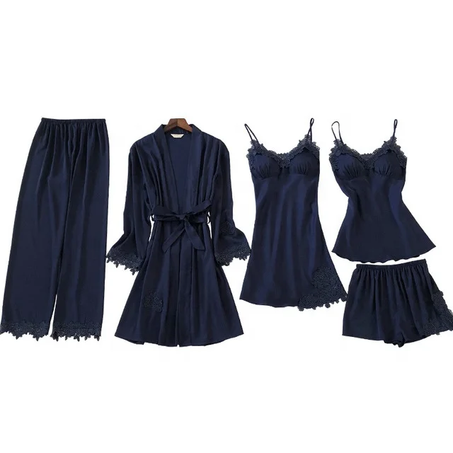 Pijamas Women Sleepwear Robe Lace satin pajamas Nightwear pyjamas women Girls Lounge Wear 5 Pieces