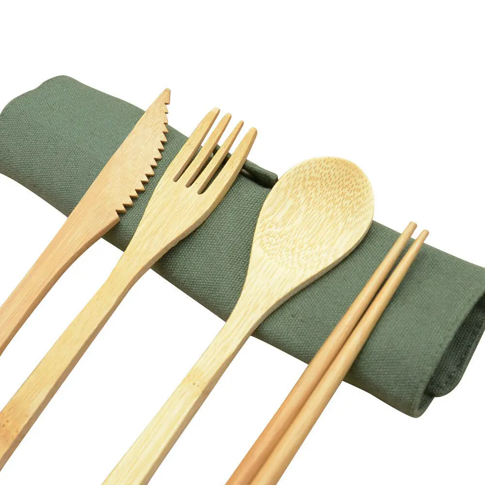 Portable reusable bamboo kitchen utensils Travel Eco-friendly Fork Spoon Straw Prtical Set