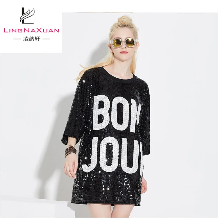 

Fashion Summer Bright Sequins Solid T Shirt with Characters for Women, Red;blue;green;silver;black