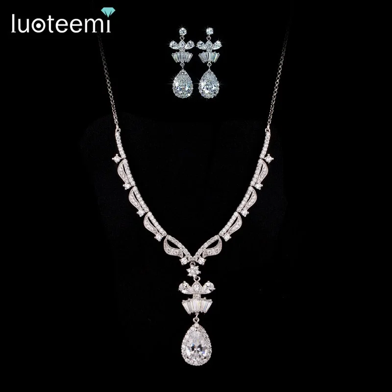 

LUOTEEMI Water Drop Cutting Cubic Zirconia Earring And Necklace Wedding Fancy Jewelry Set For Bride, N/a