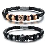 

Fashion stainless steel cz charm woven leather bracelet men