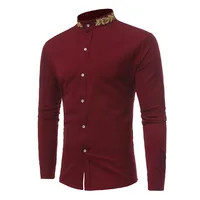 

Fashion Gold Embroidery Men Shirt Brand Long Sleeve Slim Fit Cotton Male Shirts Casual Solid Stand Collar Men Shirt