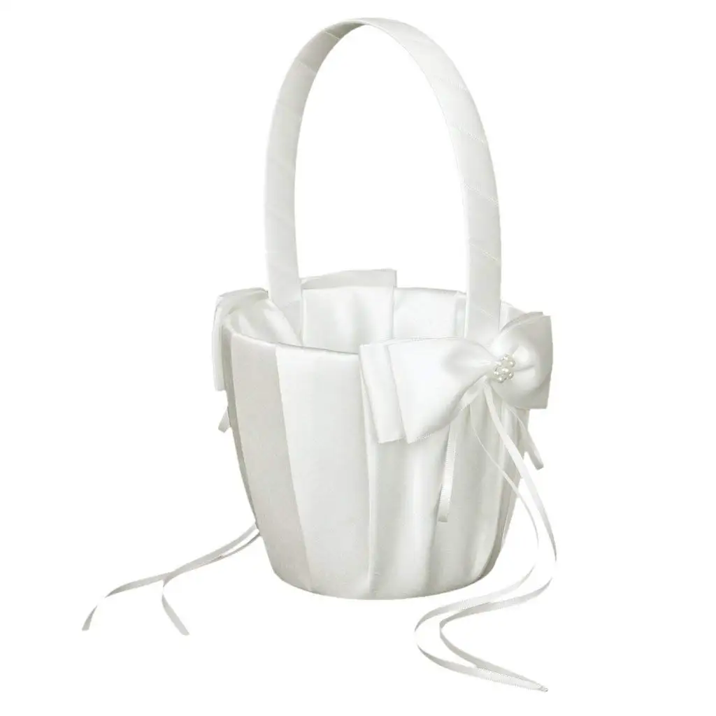 LUQUAN Faux Pearl Flower Wedding Flower Girl Basket Bowknot Decor Ivory