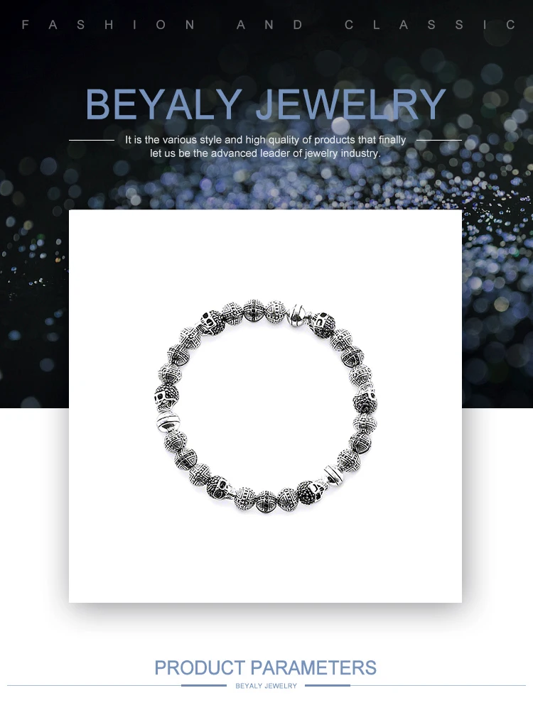 Fashion skull engraved onyx beads men's bracelets