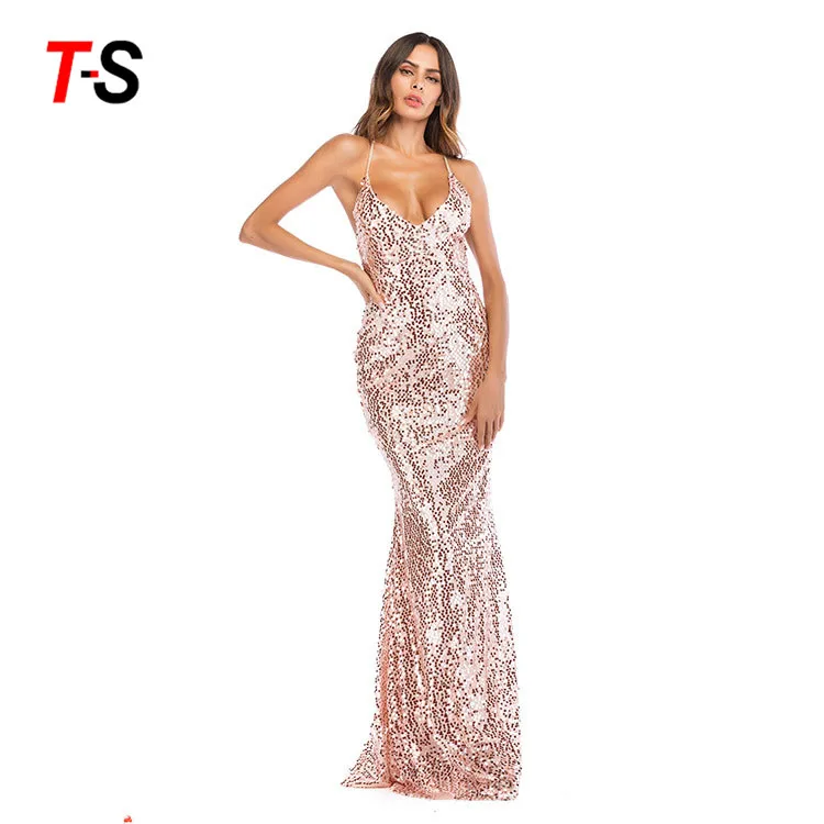 

Sexy halter long sequin cocktail dresses christmas clothing V-neck women party dress, Customized color